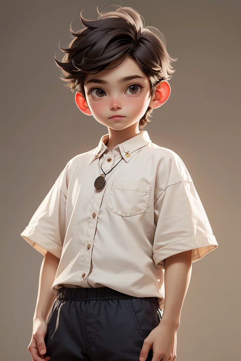 (masterpiece, best quality), 1 Boy, ，Dark brown messy short hair, Black eyes，Small Breasts, clever，Fair skin，High IQ，High emotional intelligence，Love music and have a strong academic temperament，Loose-fitting round-neck long-sleeved shirt in light-colored cotton and linen fabric. Loose-fitting linen shorts, only, Standing, Relaxed looking at the camera.