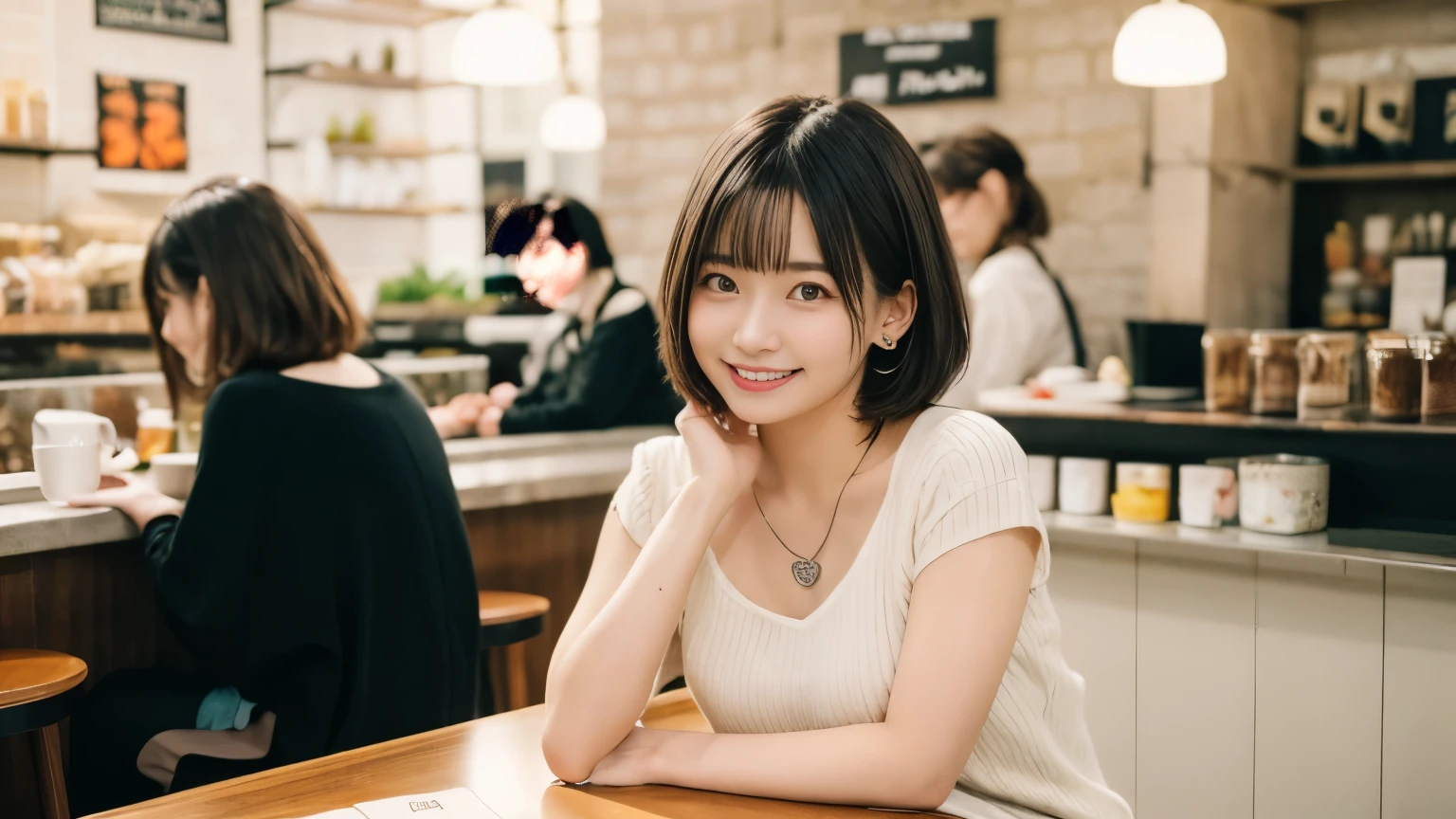 super high quality, Short Hair, Slender, Gravure photoshoot, The staff is working at the counter in the back., (8k、RAW Photos、highest quality、masterpiece:1.2), Japanese Idol, Shaggy, necklace, Stylish café, The cafe is crowded with people enjoying themselves., (Realistic、Photorealistic:1.37), Mesh Hair, Golden Ratio, Raw photo, Cute face , Earrings, Small breasts, Blurred Background, Silver Hair, Spring Clothes, Well-designed furniture, Beautiful hairstyle, Spoiled, Short Bob Hair, Open Cafe, Smile, Hair blowing in the wind, Neat clothes, 18-year-old, 

