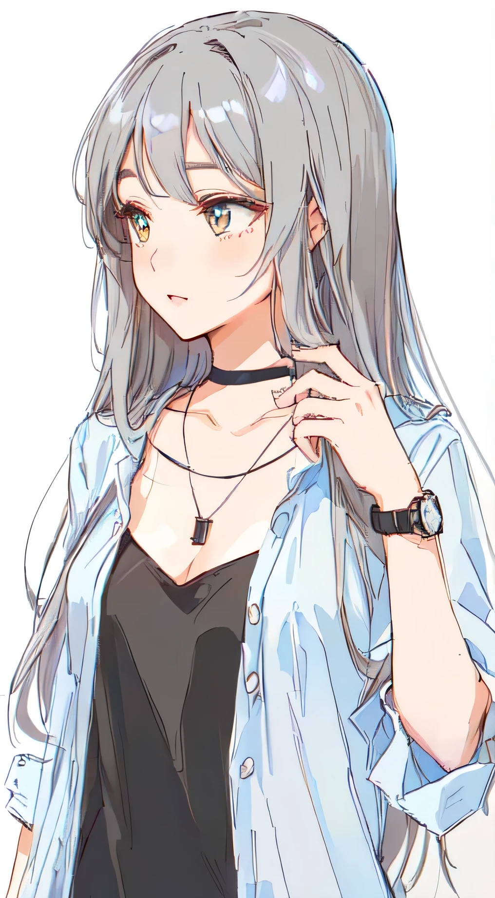 a woman with long hair and a black top is standing, anime girl with long hair, attractive anime girl, an anime girl, profile of anime girl, pretty anime girl, realistic young anime girl, beautiful anime high school girl, Lively girl, anime visual of a cute girl, seductive anime girl, style anime, anime girl, cute anime girl, female anime character, wear black watch, wear black necklace,