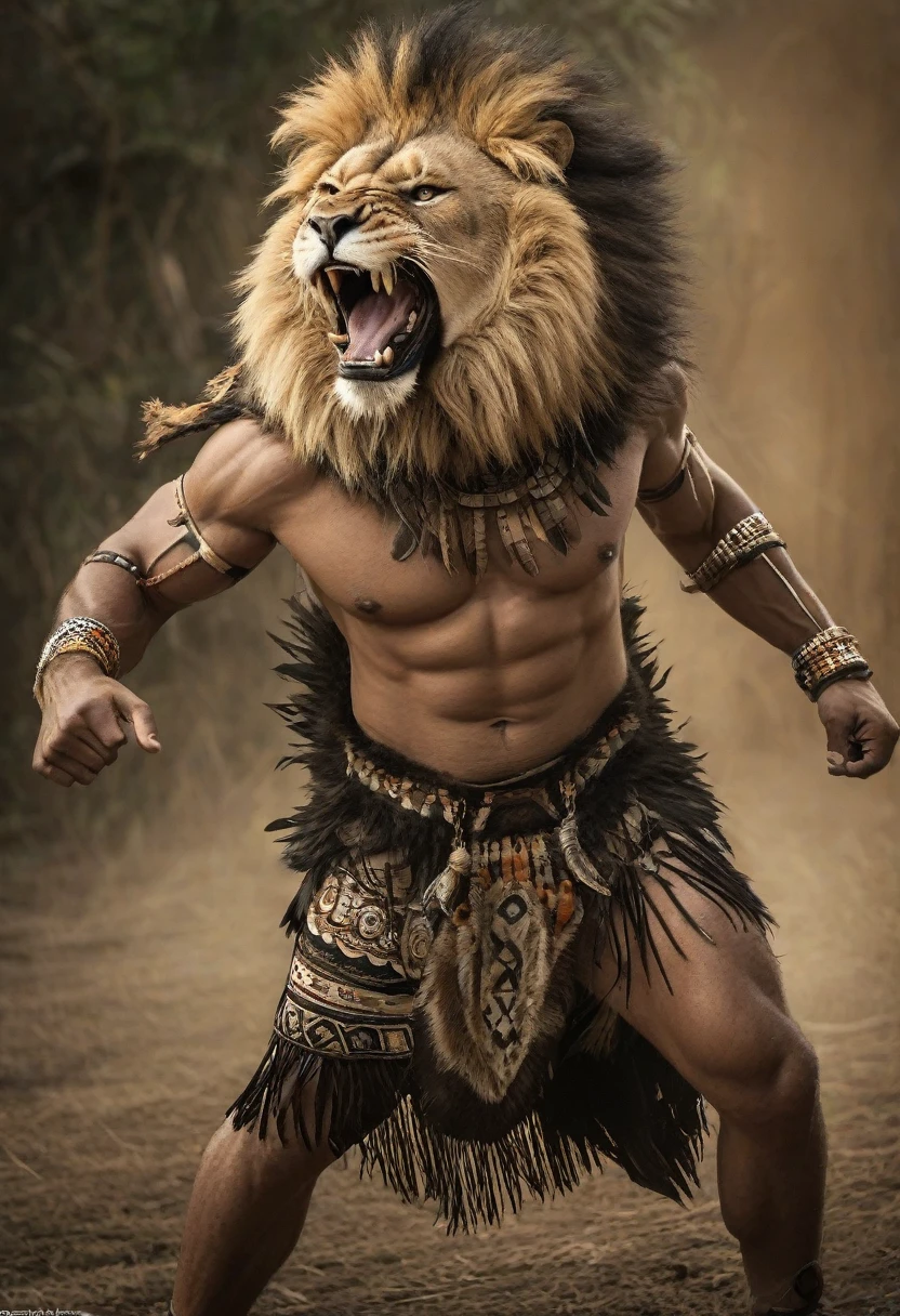 Anthro male lion dressed in tribal clothing with fur-covered skin, massively muscular, snarling & fierce, feral expression, impressive aura, (expressive:1.4), (intricate details, masterpiece, best quality:1.4), environmental view, full length body shot, head to toe, cultural and ethnic color palette, dynamic lighting