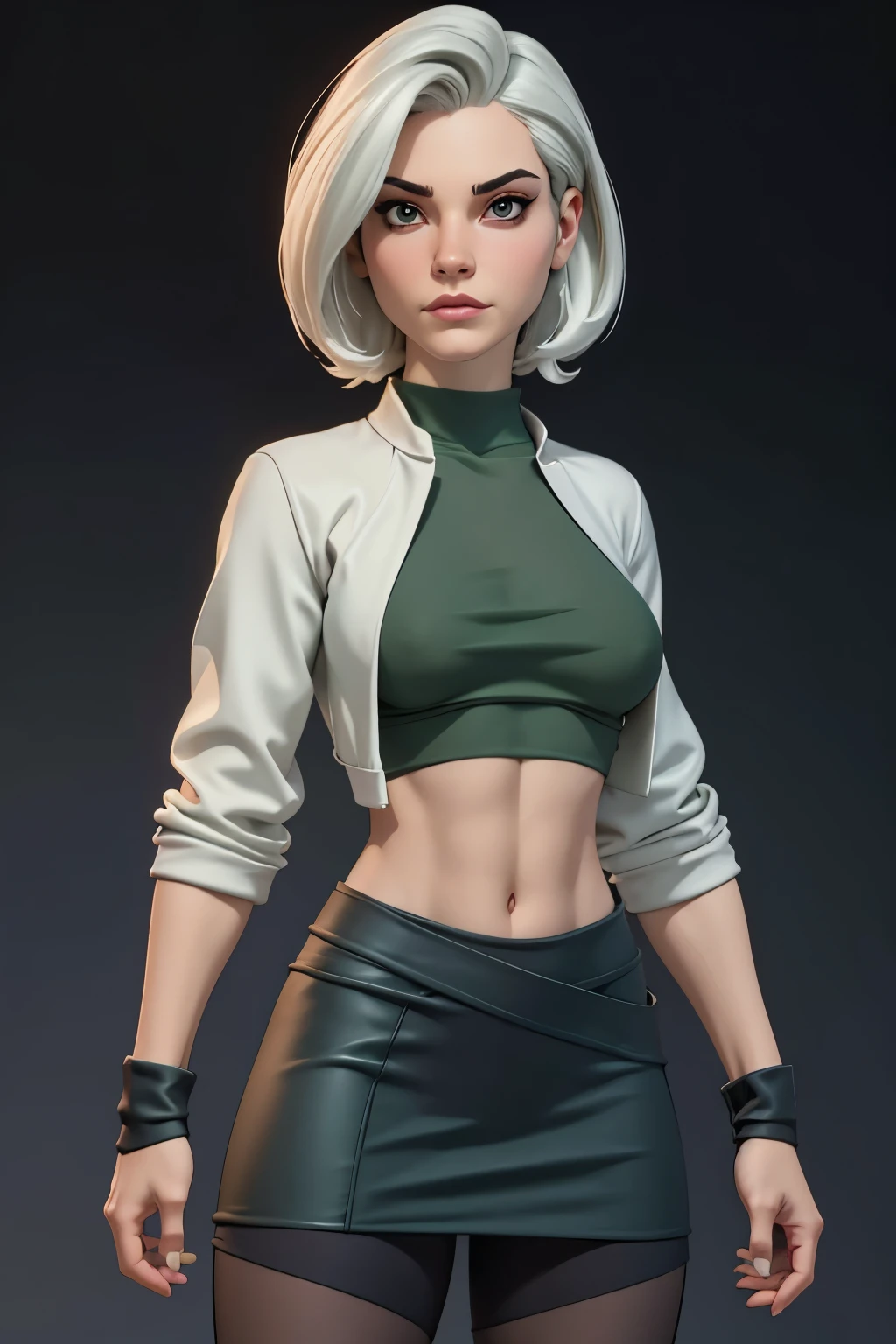 rogue from  x men evolution with a brown short rogue hair, big gray eyes, very small breasts, cotton cream top and open green cotton tunic jacket on top, fish net tights, black skirt,, covered navel, cropped legs, cotton, front view!, white background, realistic colors, front view, light coming from the right, 8K image quality, Masterpiece