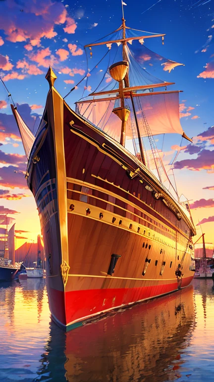 A breathtaking masterpiece showcases the enchanting beauty of a vibrant port scene. A multitude of boats gracefully rest upon the shimmering water, mirroring the radiant sun and spectacular sky above. The golden sunbeams glisten on the water's surface, forming an expansive, picture-perfect tableau. The meticulously crafted ships exhibit exquisite details, their intricate paintwork enhancing their striking presence against the harbor backdrop. The harmonious blend of the perfect reflection, charming background, and masterful artistry in creating this wallpaper results in a truly mesmerizing scene.