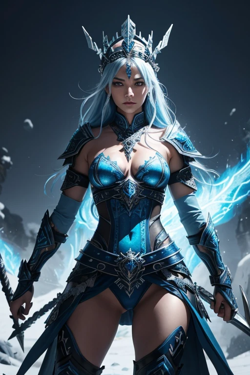 An imposing creature rises, her body adorned with armor in the colors of blue and white. The armor is etched with Nordic symbols and frosty runes, while icy flames surge from her hair. A helm-like headdress crowns her head, a fusion of modern metals and ancient relics, creating an aura of coldness and power around her. Her weapons, a blend of futuristic blades and Nordic artifacts, are surrounded by the mentioned colors, poised to shatter anything that stands in her way.