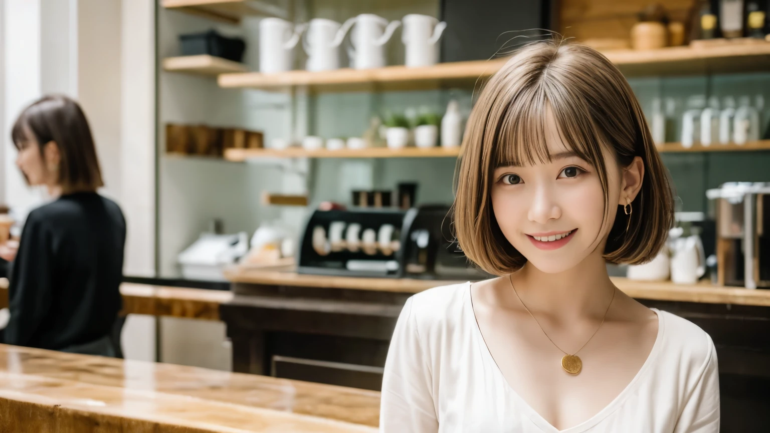 super high quality, Short Hair, Slender, Gravure photoshoot, The staff is working at the counter in the back., (8k、RAW Photos、highest quality、masterpiece:1.2), Japanese Idol, Shaggy, necklace, Stylish café, The cafe is crowded with people enjoying themselves., (Realistic、Photorealistic:1.37), Mesh Hair, Golden Ratio, Raw photo, Cute face , Earrings, Small breasts, Blurred Background, Silver Hair, Spring Clothes, Well-designed furniture, Beautiful hairstyle, Spoiled, Short Bob Hair, Open Cafe, Smile, Hair blowing in the wind, Neat clothes, 18-year-old, 

