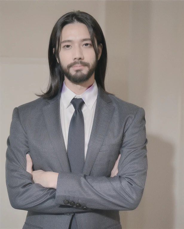 male、suit、Beard、good looking、40s、((highest quality, 8k, masterpiece)、sense of cleanliness、good lookingで真面目な外見, Dark blue hair, Elegant and refined