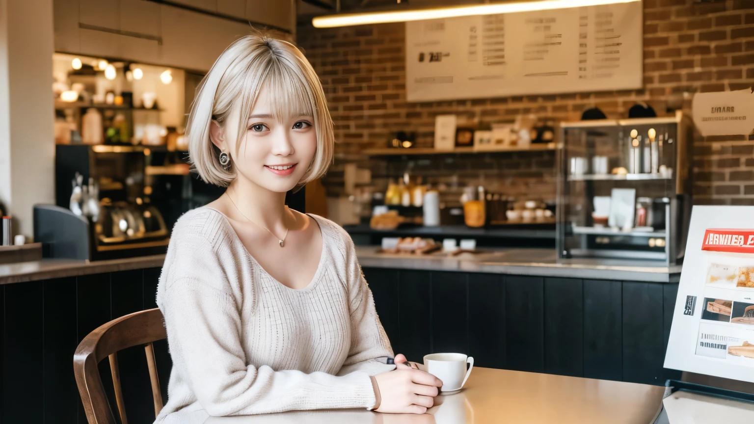 super high quality, Short Hair, Slender, Gravure photoshoot, The staff is working at the counter in the back., (8k、RAW Photos、highest quality、masterpiece:1.2), Japanese Idol, Shaggy, necklace, Stylish café, The cafe is crowded with people enjoying themselves., (Realistic、Photorealistic:1.37), Mesh Hair, Golden Ratio, Raw photo, Cute face , Earrings, Small breasts, Blurred Background, Silver Hair, Spring Clothes, Well-designed furniture, Beautiful hairstyle, Spoiled, Short Bob Hair, Open Cafe, Open Cafeの前に高級車, Smile, Hair blowing in the wind, Neat clothes, 18-year-old, 
