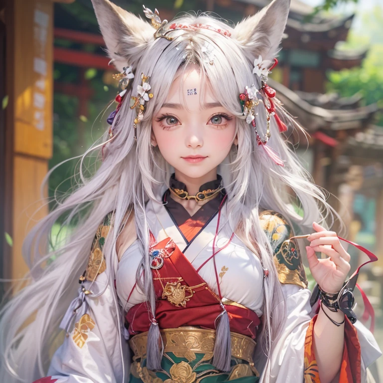 Hide in the ancient shrine、Hair flows、 ((highest quality、masterpiece、8k、best image quality、ultra high resolution、Award-winning work)、(accurate anatomy:1.1)、(look at me and smile:1.1)、Shining fair skin with ultra high resolution、most detailed face、ultra high resolution detailed face、ultra high resolutionの髪の毛、(ultra high resolutionの煌めく瞳:1.1)、Beautiful face drawn in every detail、(blurred background:1.1)、ancient shrine maiden clothes, chest together, tattoo、white fox aside