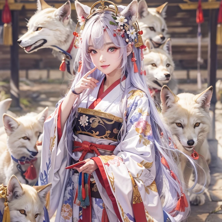 Hide in the ancient shrine、Hair flows、 ((highest quality、masterpiece、8k、best image quality、ultra high resolution、Award-winning work)、(accurate anatomy:1.1)、(look at me and smile:1.1)、Shining fair skin with ultra high resolution、most detailed face、ultra high resolution detailed face、ultra high resolutionの髪の毛、(ultra high resolutionの煌めく瞳:1.1)、Beautiful face drawn in every detail、(blurred background:1.1)、ancient shrine maiden clothes, chest together, tattoo、white fox aside