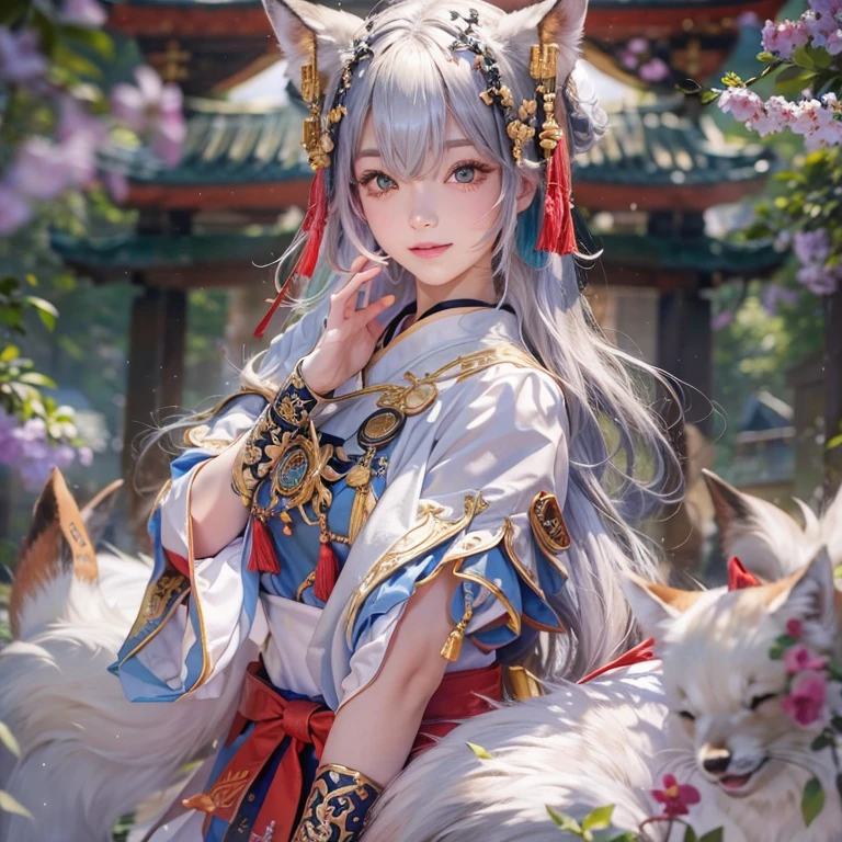 Hide in the ancient shrine、Hair flows、 ((highest quality、masterpiece、8k、best image quality、ultra high resolution、Award-winning work)、(accurate anatomy:1.1)、(look at me and smile:1.1)、Shining fair skin with ultra high resolution、most detailed face、ultra high resolution detailed face、ultra high resolutionの髪の毛、(ultra high resolutionの煌めく瞳:1.1)、Beautiful face drawn in every detail、(blurred background:1.1)、ancient shrine maiden clothes, chest together, tattoo、white fox aside 