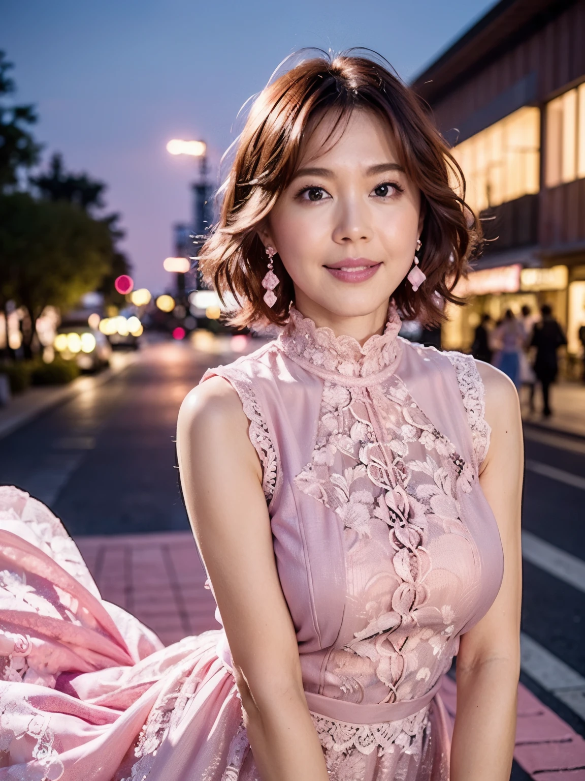 a woman posing on the street corner with Pink Dress on, highest quality, High resolution, 8k, 1people々々girl, (Huge breasts), Day, bright, Outdoor, (street:0.8), (people々々々, crowd:1), (Lace Trim Dresses:1.5, Pink clothes:1.5, Pink high neck dress:1.5, Sleeveless dress, Pink Dress: 1.5), Nice, (Medium Hair), Beautifully detailed skies, Beautiful earrings, (Dynamic pose:0.8), (Upper Body:1.2), Soft lighting, Wind, Shiny skin, View your viewers,