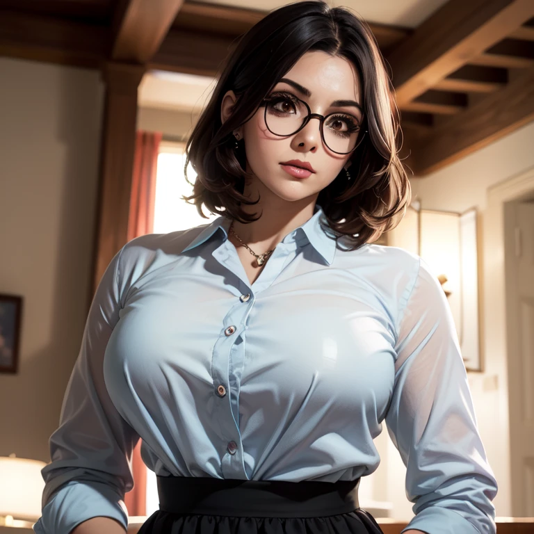 maestra lentes redondos cabello naranja ondulado semi largo cuerpo firme senos perfectos camisa de botones falda formal labios carnosos cara tierna