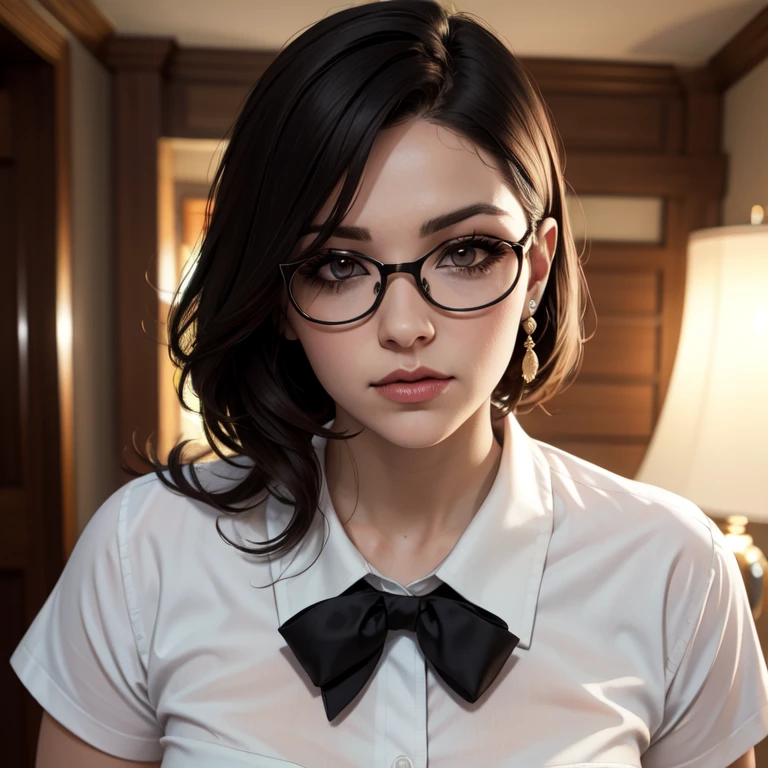 maestra lentes redondos cabello naranja ondulado semi largo cuerpo firme senos perfectos camisa de botones falda formal labios carnosos cara tierna