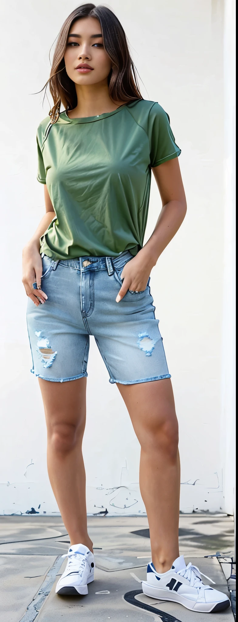 a woman in a green shirt and denim Shorts stands on a concrete floor, mulher baixa e robusta, Jeans curtos, jean Shorts, wearing denim short Shorts, denim Shorts, baixa estatura, wearing Shorts and t shirt, boy Shorts, short jeans pants, torn Shorts, sexy girl wearing Shorts, short Shorts, wears Shorts, high waisted Shorts, wearing Shorts, Shorts