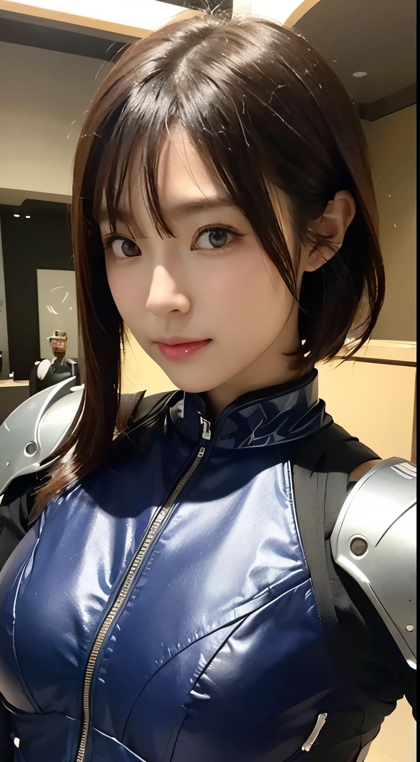 (Close-up:1.4)、(Raw photo:1.2)、(Photorealistic:1.4)、(masterpiece:1.3)、(highest quality:1.4)、(Beautiful woman with perfect body:1.4)、A woman stands in front of a group of robots、Beautiful android woman、Beautiful female soldier、Girl in suit、Complex combat uniform、Beautiful young Japanese woman、Highly detailed face and skin texture、Small, large eyes、double eyelid、Cute face、(Short Bob:1.2)、(Big Breasts)、(Full Body Shot)、Cowboy Shot、(Angry expression:1.2)、Storm and epic war scenes、Cyberpunk Scene、night、illumination、Plug Suit、Damage to combat uniforms、