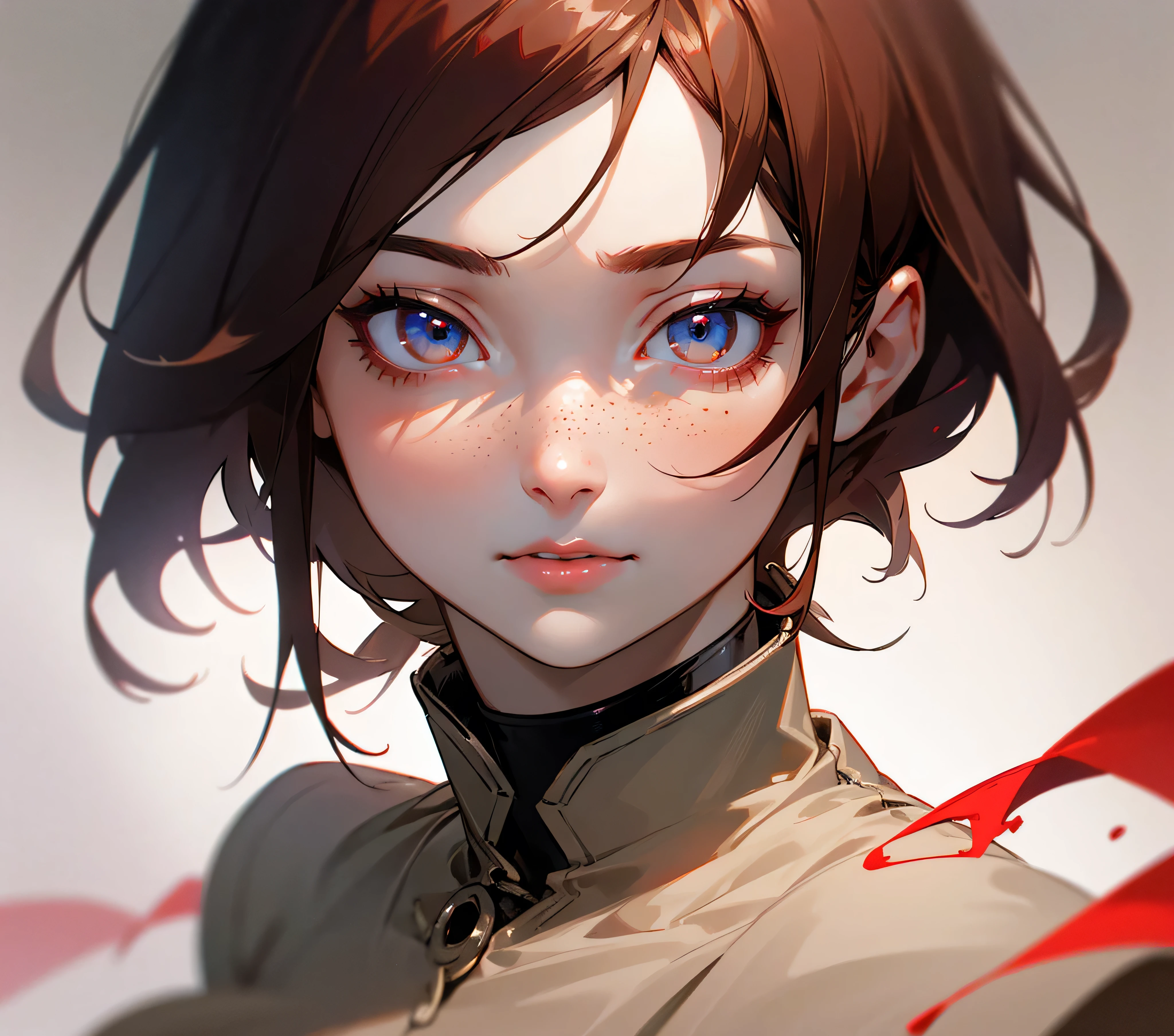 best quality,ultra-detailed,realistic,portrait,girl,wolfcut hairstyle,dark red short hair,intense gaze,expressive eyes,sharp facial features,pale skin,freckles,soft translucent lips,mysterious atmosphere,dramatic lighting,captivating expression,subtle smile,vibrant colors,detailed clothing,dark background,high contrast,emotionally charged scene,artistic rendering
