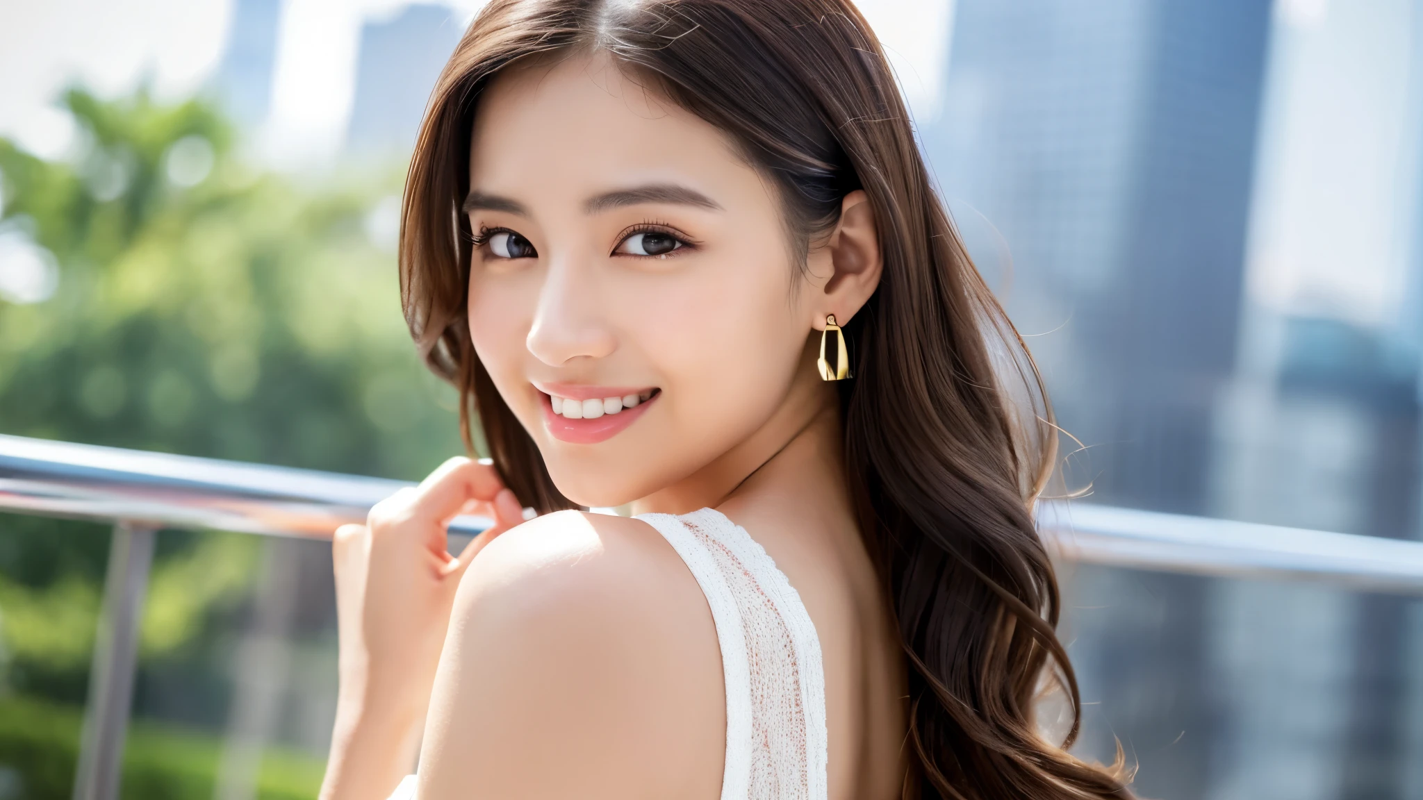 alone、young、beautiful、Female announcer、Shaped face contour、Long Hair、Brown Hair、Fine iris、Elegant、Sexy face、Glowing Skin、Juicy lips、An open, seductive smile、Thick eyelasheodel Body Type、Earrings、blush、Black mini skirt、Perfect lighting、Perfect Shadow、Perfect Anatomy(((masterpiece))), ((highest quality)), ((Super detailed)), (CG illustration), (非常に邪悪でbeautiful)), (Cute Desktop Face),