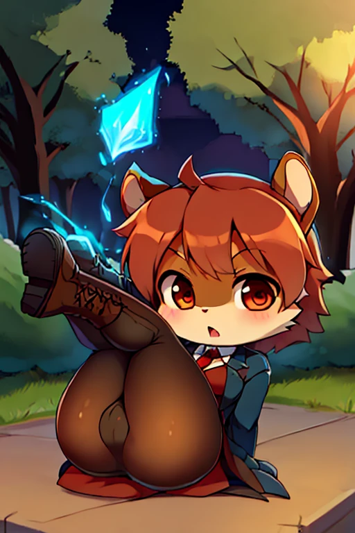 boy, squirrel, furry, bodyfur, blazer, no panties under pantyhose, gloves, boots, chibi, park, magic, legs up