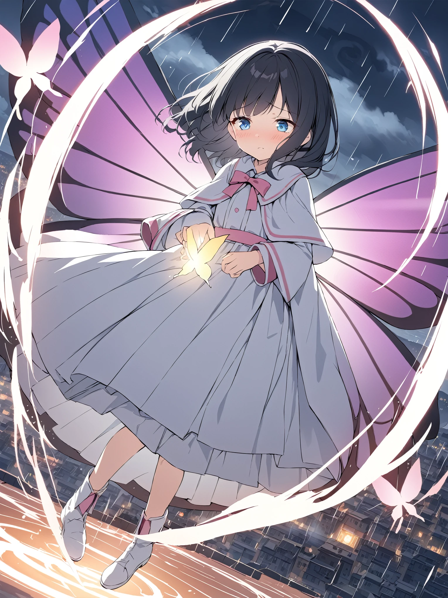 best quality, masterpiece, ultra resolution, super details, anatomically correct, (full body:1.2), 1 girl, solo, (junior child:1.3), (black hair:1.2), high quality eyes, high quality hands, clear blue eyes, (medium hair), loose hair, no hair ornaments, white dress with pink boader, (white caplet:1.3), (large collar bow:1.3), long sleeves, (wide cuffs:1.3), pink obi, (long skirt), (white soft ankle boots:1.2), (huge butterfly wings:1.5), (wings of colorful light:1.3), (levitating in storm:1.3), imploring, sad expression, above a town, surrounded by visible cyclone wind, high quality background, detailed background, depth of field, dynamic angle