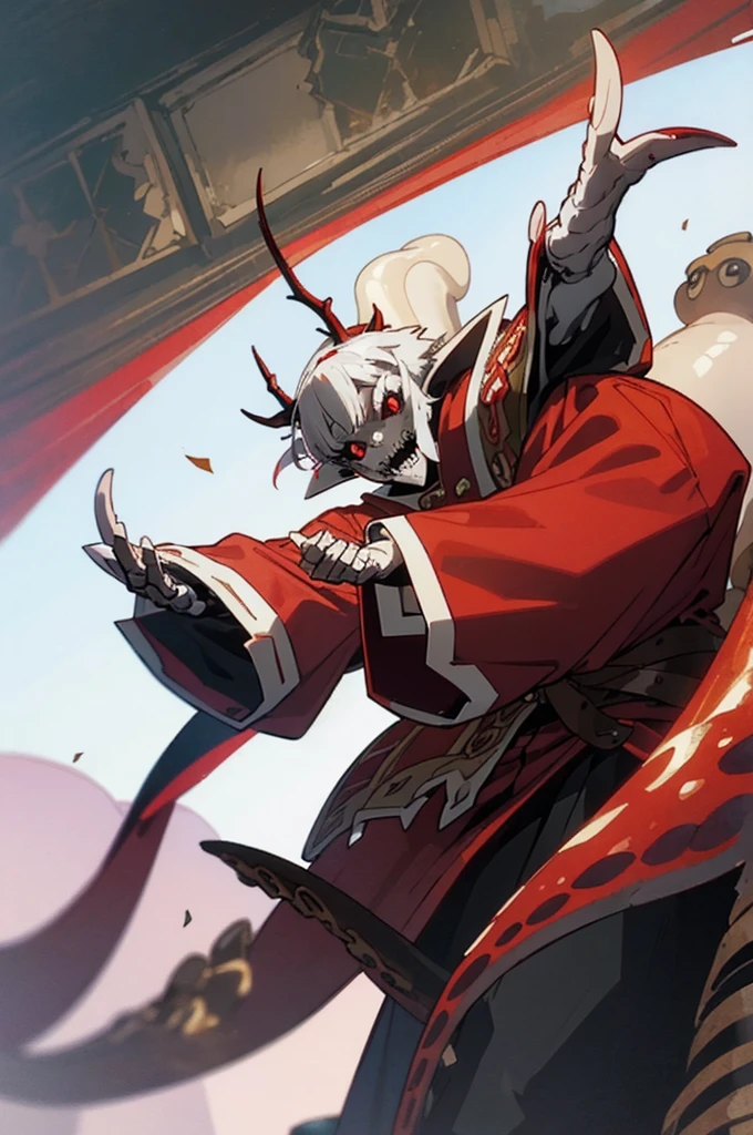 ((illustration)), (best quality)), ((masterpiece)), (detailed), ((tentacles)), RedGarb, solo, 1boy, male focus, long sleeves, skull, ((short white hair))), (antlers), red eyes, sharp teeth, open mouth, laughing, long tongue, stark_sousou_no_frieren, comic cover, ruins, fullbody,