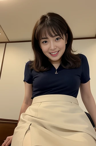 pubic hair,Masseter Film, highest quality, masterpiece, High resolution, realism, Original photo, 8k wallpaper, perfection, Professional Lighting, Very detailed, Written boundary depth, ((Beautiful woman)), ((Sexy 40 year old women)),,  ((smile)), Detailed face, Beautiful Eyes,, bangs, She also has good style, (Sexy look), (Thick lips), mini skirt, (Skirt flip:1.3), (From below:1.3),Sitting on a hotel bed,From below撮影,Skirt flip