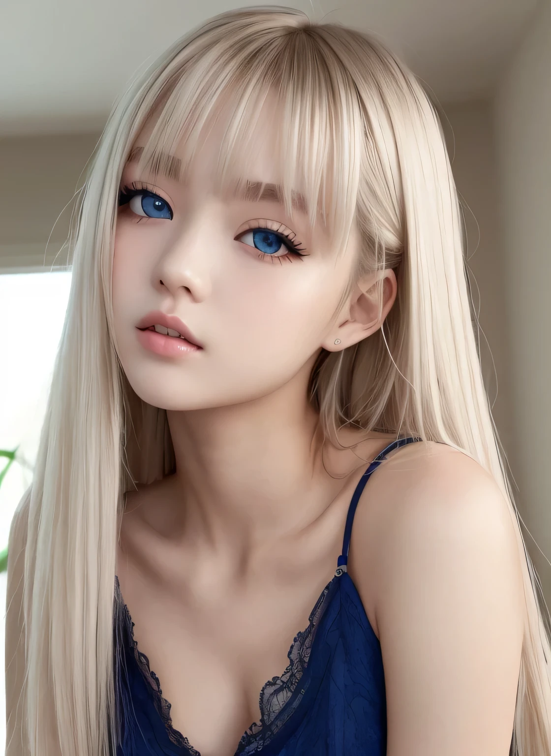 Big, clear, blue eyes、Long bangs hanging down in the face、Completely beautiful girl at 18 years old、mini skirt、Beautiful white young々new glowing skin、Sexy and very beautiful、Very cute face with perfect beauty、Super long platinum blonde hair、Super long straight silky hair、double eyelid、Eyeliner、、Large bust