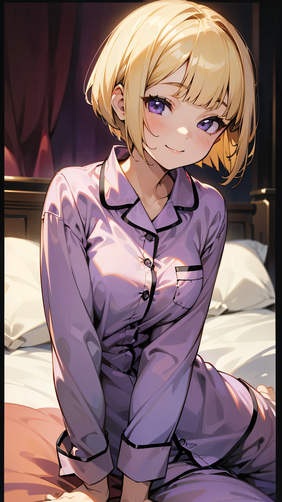 18-year-old girl sitting on bed、alone、Anime style painting、Wearing pajamas、(blonde)、short hair、Bobcut、Blunt bangs、Beautiful purple eyes、smile、smile、The soft texture of pajamas、Upper body close-up、Red and black based colors、Background Blur、Depth of the drawn border