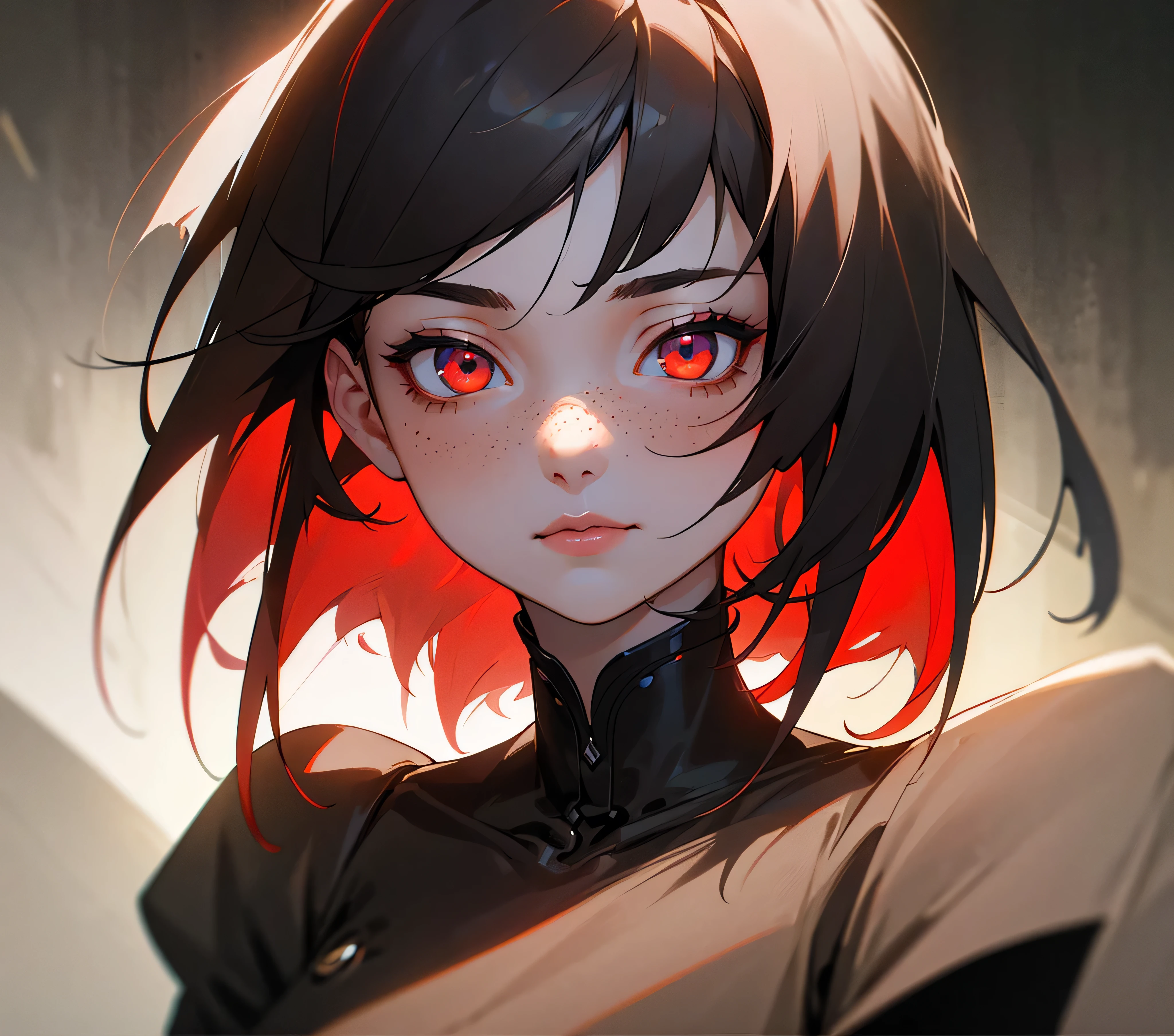 best quality,ultra-detailed,girl,wolfcut hairstyle,dark red short hair,intense gaze,expressive eyes,sharp facial features,pale skin,freckles,soft translucent lips,mysterious atmosphere,dramatic lighting,captivating expression,subtle smile,vibrant colors,detailed clothing,dark background,high contrast,emotionally charged scene,artistic rendering