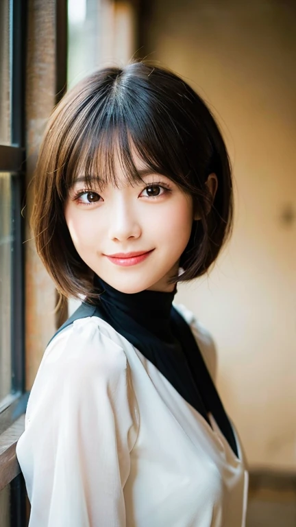 (highest quality,masterpiece:1.3,Ultra-high resolution),(Very detailed,Caustics,8k),(Realistic:1.4,RAW shooting),Japanese,28 years old,cute,I'm looking at the camera with a smile on my face,Black Hair,short hair,Duck mouth,Natural Makeup,big ,White blouse,Bust up shot,Warm Light,Natural light,Professional Writing