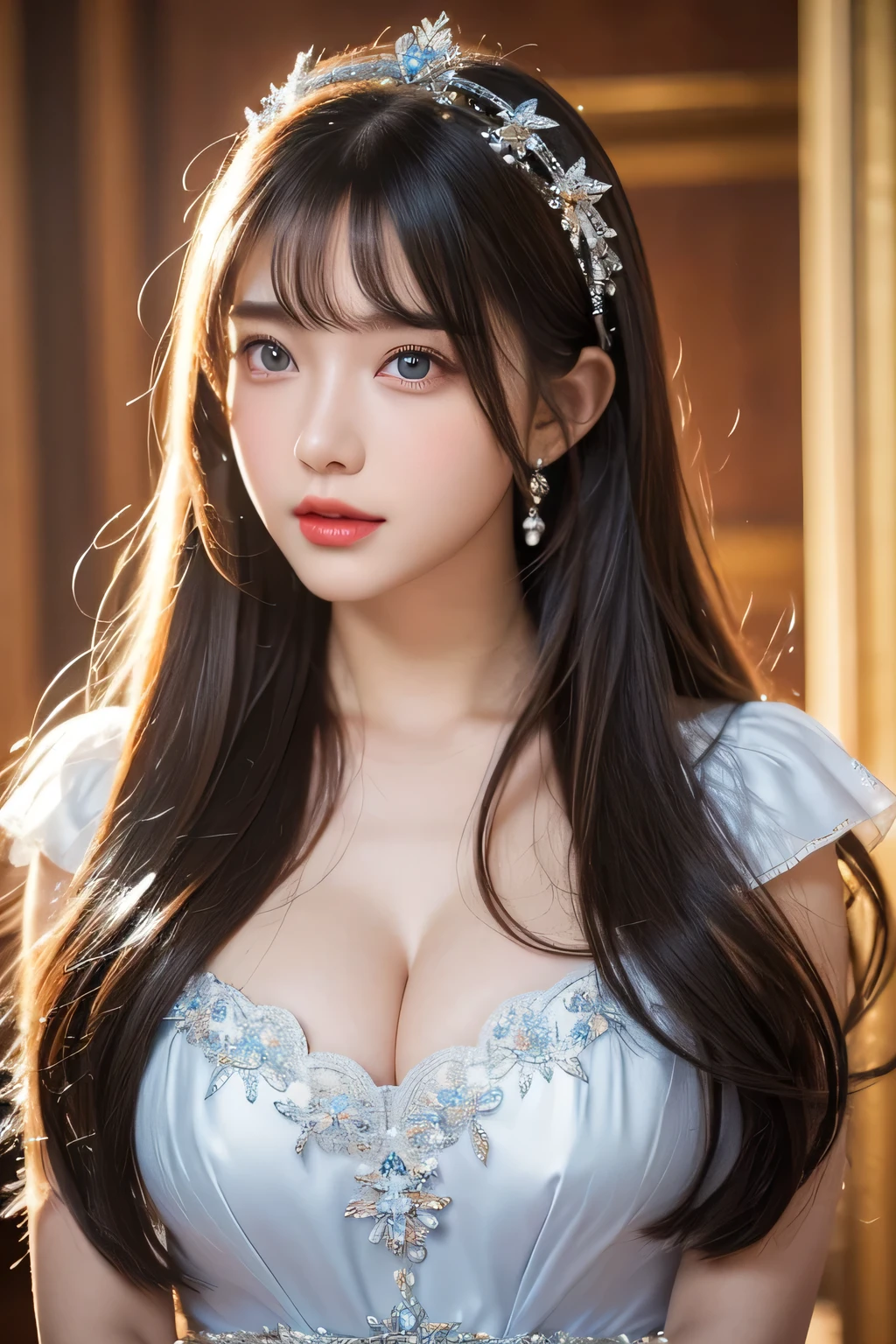 High-quality work,Realistic works,Super premium graphics,8K HD CG works,high quality graphics,High-definition and exquisite CG works,10x pixels,Ultra-fine details:1.1,Advanced technical details:1.1Realistic photo effects,Interior lighting effects:1.5,natural soft light:1.5. Light effect(Virtual light effects:1.8),ultra high resolution,shining dress,sliver long hair,silber hair,transparenthair,high detailed hair(Quality hair details:1.1)Clear eyes,Double eyelids look good,Sharp eye makeup, Create exquisite eyelash makeup, tthin eyebrows, Ultra-detailed eyes,a tall nose, lovely red lips, rosey cheeks, With delicate makeup on her face , pretty face, The face shape is perfectly proportioned,(Advanced facial details:1.1)portlate、Alice in Wonderland、Blue sky、Bright and very beautiful face、Young shiny shiny white shiny skin、Best Looks、Long hair with dazzling highlights、finer hair、beautiful long back hair that is very straight,,,,,,,,,,,,、Super long silky straight hair、Beautiful bangs that shine、Glowing crystal clear big blue eyes、very beautiful nice beautiful girl、White Apron、Black Dress
},,Women's artwork,Dress full body video,Realism,Amazing Cleavage,My eyes are very bright today