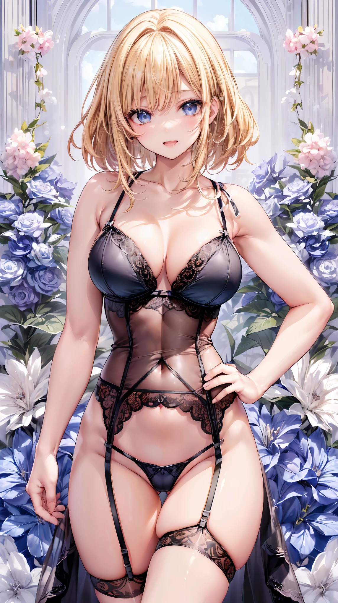 (Adult women:1.5)、Very detailed、highest quality、Best image quality、masterpiece、8k、Anime Face、A kind smile、(Open your mouth:1.3)、Sparkling blue eyes、(Blonde medium hair:1.5)、Muscles of the whole body、(High leg:1.5)、Thigh belt、(Wearing lingerie:1.5)、(Cowboy Shot:1.5)、(SFW Giant)、(Put your hands on your hips)