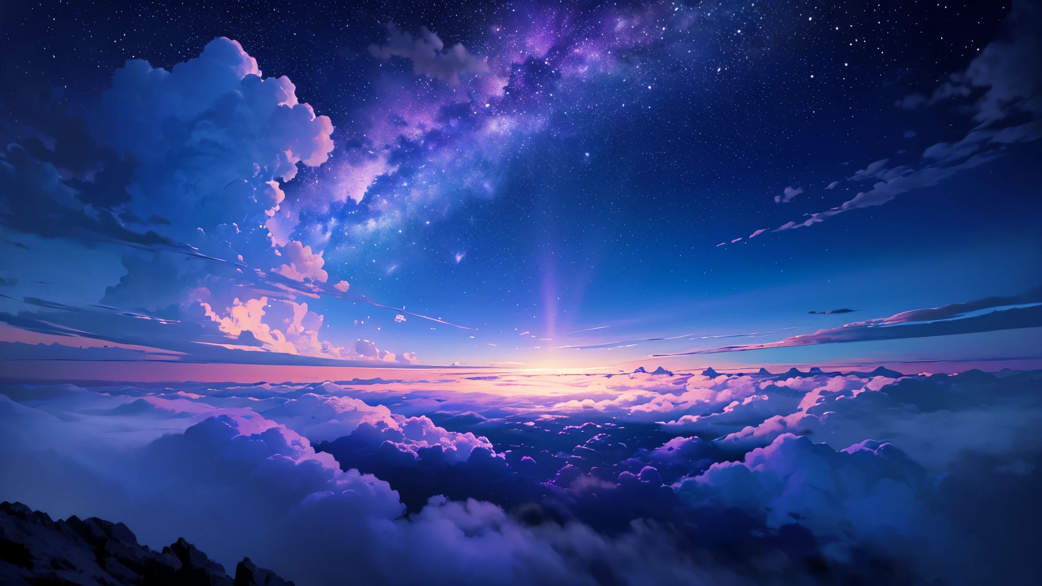 ((Ultra Wide Angle)),((highest quality)),(Ultra-high resolution),(Very detailed),Starry Sky,sea of clouds, , Ultra-fine, Depth of written boundary, Fantastic scene,The colour is deep blue and purple, Vast landscape photography , (上空と下方の広いsea of cloudsが見える横からの眺め),  (sea of clouds:1.3), (Warm light source:0.8), Lots of purple and blue, Intricate details, (masterpiece:1.2), 4K, (Dynamic configuration:1.4), dream-like, Magic,Fantastic landscape, (colorful),