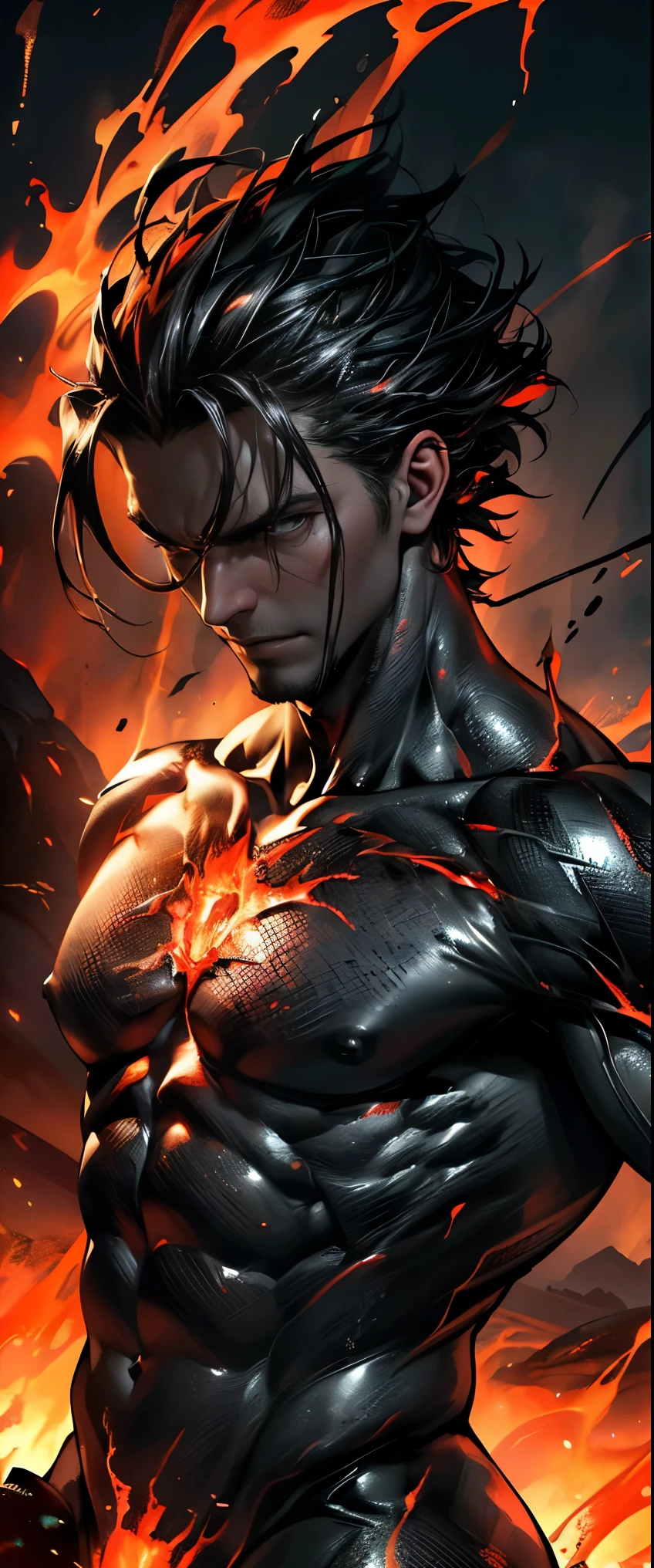 ((masterpiece, highest quality, Highest image quality, High resolution, photorealistic, Raw photo, 8K)), ((Extremely detailed CG unified 8k wallpaper)), Statue of a demon made of black rock, Lava demon, sparks of fire dance, flames erupt from the torn body, images of flames in the darkness, red and black theme, angry face,