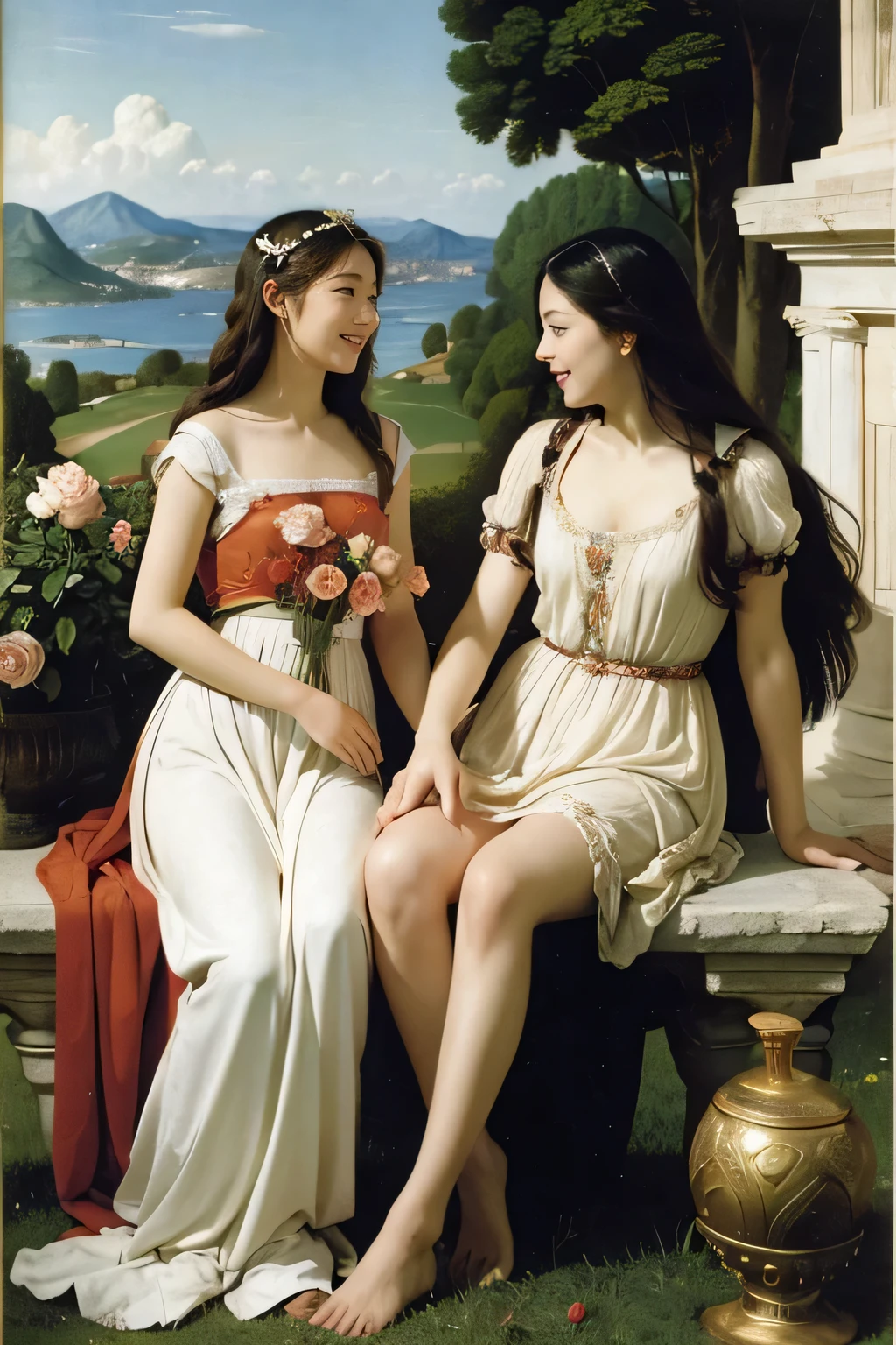 full body portrait or statue、Sandro Botticelli painting style,Arguments of two female Philosophe,math、astronomical machine、astronaut、roses in vase、fruits、Cute trinkets、smile、ancient greek costume、Ancient Roman landscape in the style of Nicolas Poussin,laughter,,Sweet and seductive appearance.、Caravaggio's paintings、Chiaroscuro of Caravaggio、hair tousled by the wind,Two women frolicking,cute smile, expression of ecstasy,Sexy,erotic