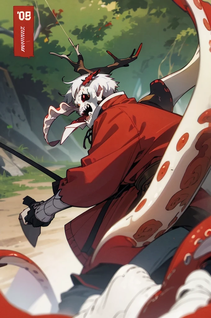 ((illustration)), (best quality)), ((masterpiece)), (detailed), ((tentacles)), RedGarb, solo, 1boy, male focus, long sleeves, skull, ((short white hair))), (antlers), red eyes, sharp teeth, open mouth, laughing, long tongue, stark_sousou_no_frieren, comic cover, ruins, fullbody, cinematic, dynamic