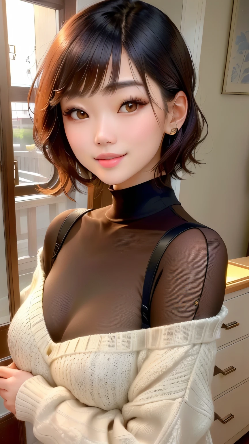 Close-up of a woman wearing a sweater taking a photo, Gorgeous Chinese Model, Beautiful Asian Girl, Girl cute beautiful face, Cute seductive smile, Japanese Model, Short hair, Korean Girls, Yoshitomo Nara, Young and pretty girl, Gorgeous Young Korean Woman, Beautiful Korean Women