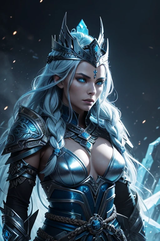 An imposing creature rises, her body adorned with armor in the colors of blue and white. The armor is etched with Nordic symbols and frosty runes, while icy flames surge from her wild metallic silver shiny flowing wavy braided hair. She has a warriors face, high cheekbones, tribal face tattoos. A helm-like headdress crowns her head, a fusion of modern metals and ancient relics, creating an aura of coldness and power around her. Her weapons, a blend of futuristic blades and Nordic artifacts, are surrounded by the mentioned colors, poised to shatter anything that stands in her way.