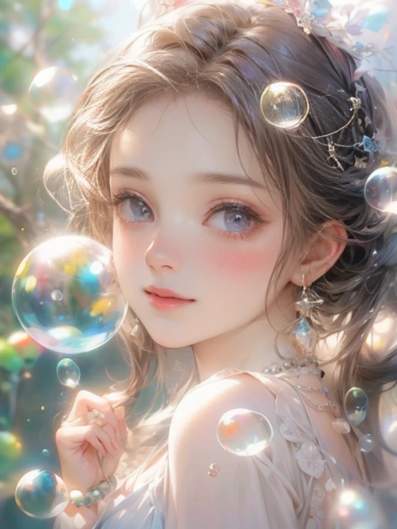 masterpiece:1.2, highest quality, 16k, highres, ultra-realistic:1.37, beautiful detailed:1.2, beautiful woman, standing, beautiful posing, bubble, heart shape bubbles:1.5, Countless bubbles (heart shape:1.2, vibrant colors), bubbles of various sizes, bubbles:1.2, too many bubbles:1.2, happily smile, beautiful delicate(hair, face, long eyelash, eyes, pupils, lips, knee, anklet, bubbles), sparkling eyes, shining rosy lips, blushed cheek, through bangs,