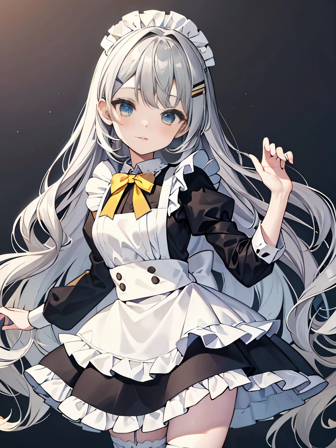 Maid outfit, frills, cute, yellow、Gray Hair、long、Wave