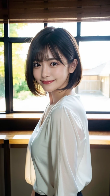 (highest quality,masterpiece:1.3,Ultra-high resolution),(Very detailed,Caustics,8k),(Realistic:1.4,RAW shooting),Japanese,28 years old,cute,I'm looking at the camera with a smile on my face,Black Hair,short hair,Duck mouth,Natural Makeup,big ,White blouse,Bust up shot,Warm Light,Natural light,Professional Writing