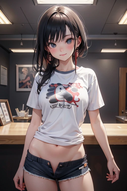 perfect ,pov,masterpiece,anime,Awards,high quality,High resolution,HD,4K,8K,professional lighting,look at viewer,A provocative smile,,(:1.2),underbust,(petite),Thigh focus,(closeup :1.3),shorts,groin,(bevelling :1.4),(Chewy :1.2),(perspective:1.3),snu snu,T-shirt,chichibukuro