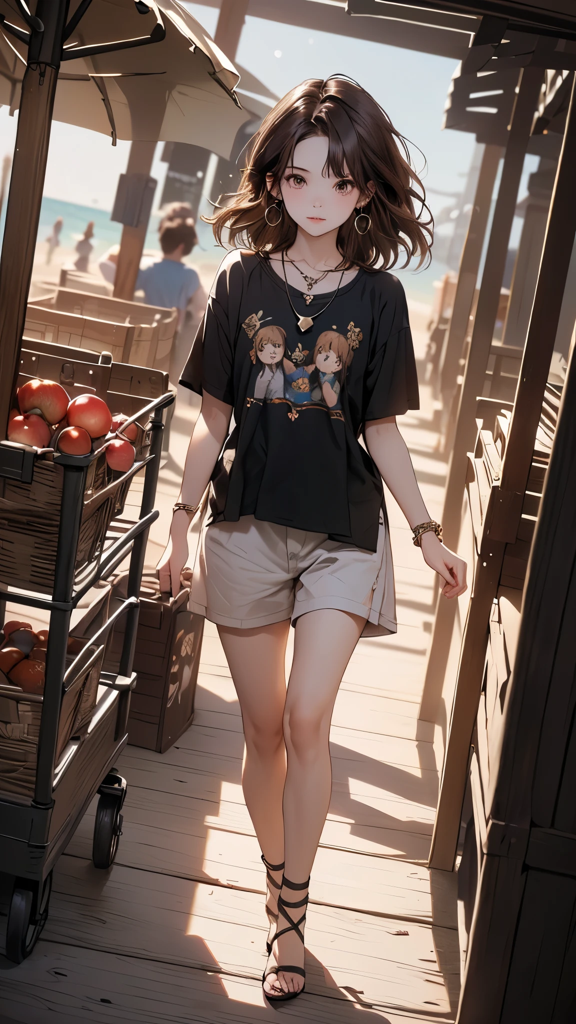 ((Biologically correct limb count))、((Full Body Shot, Full-body photo including face))、4K、masterpiece、((Focus on the face))、((Symmetrical facial features))、Eyes of meticulous depiction、Beautiful woman、Excellent style、Beautiful feet、(High heels）、Facial detailing、Small earrings、necklace、((Nerd T-shirt)、Box Pleated Cart）、Walking on the beach in the evening、Brown Hair、Shortcuts、Walking posture、High angle、((Backlight))