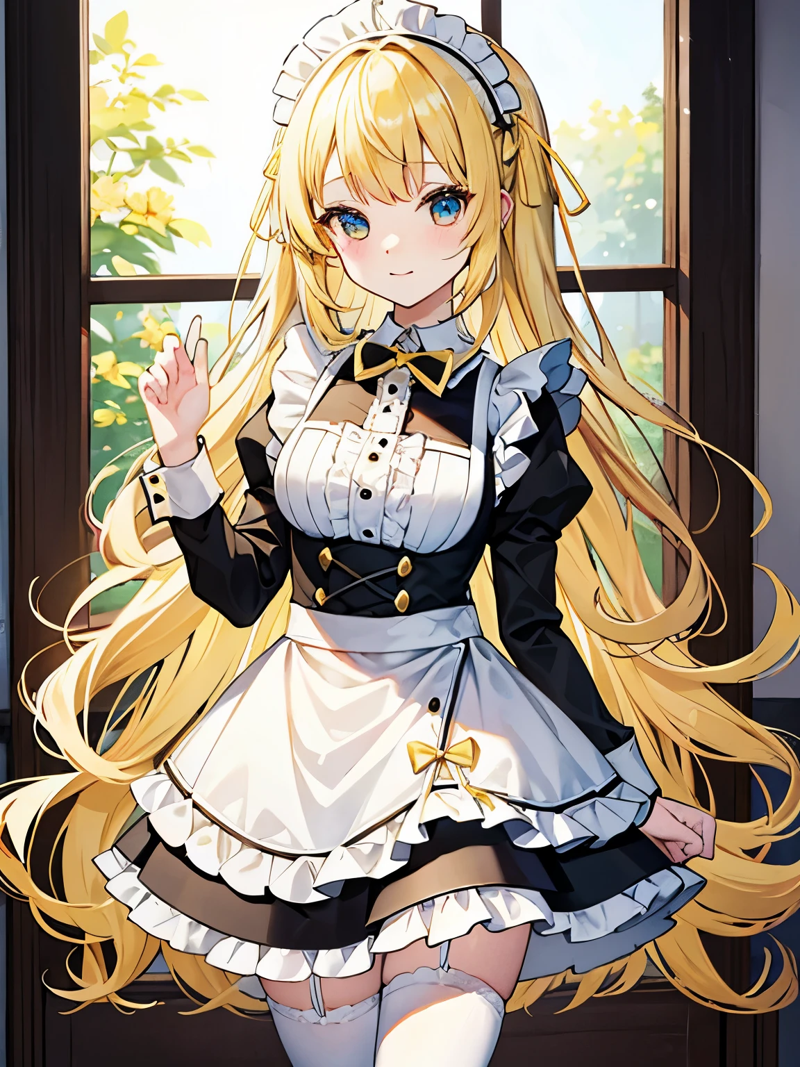 Maid outfit, frills, cute, yellow、Blonde、long、Wave
