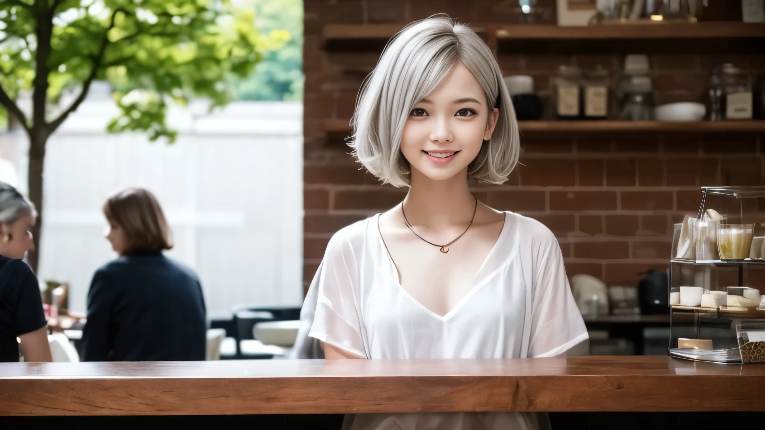 super high quality, Short Hair, Slender, Gravure photoshoot, The staff is working at the counter in the back., (8k、RAW Photos、highest quality、masterpiece:1.2), Japanese Idol, Shaggy, necklace, Stylish café, The cafe is crowded with people enjoying themselves., (Realistic、Photorealistic:1.37), Mesh Hair, Golden Ratio, Raw photo, Cute face , Earrings, Small breasts, Blurred Background, Silver Hair, Spring Clothes, Well-designed furniture, Beautiful hairstyle, Spoiled, Short Bob Hair, Open Cafe, Open Cafeの前に高級車, Smile, Hair blowing in the wind, Neat clothes, 18-year-old, 
