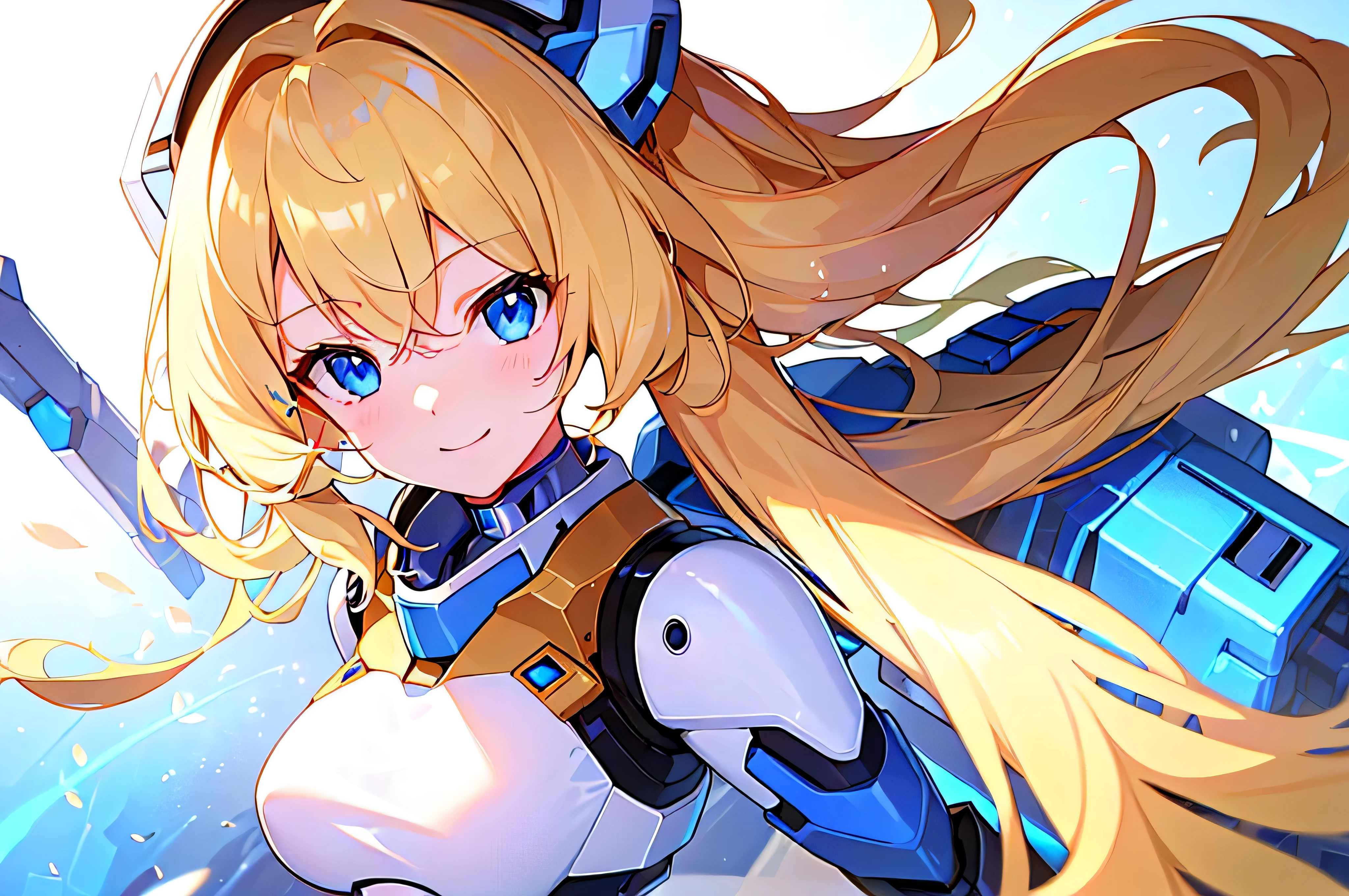 [(WHITE BACKGROUND:1.5),::5], masterpiece, absurdres, best quality, upper body, 1girl, solo, (blond hair), long hair, blue eyes, science fiction, (mecha musume:1.4), v-fin, yellow hologram wing, smile face, Anime style