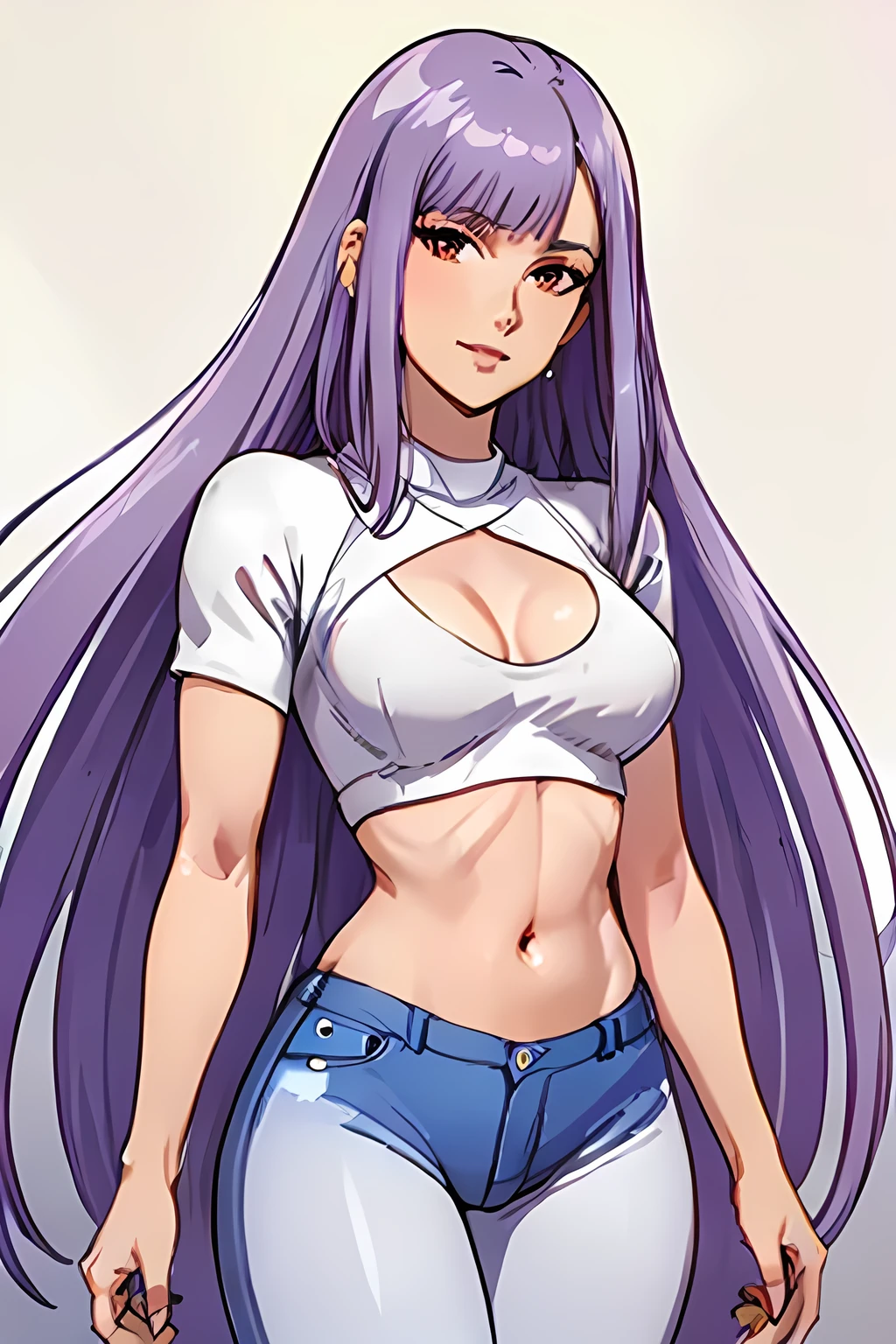 ((Masterpiece)) ((Portrait)) ((Young Woman)) ((Beautiful)) (((Small Breasts))) ((Thick Thighs)) (purple Hair)) ((Long Hair)) ((brown Eyes)) ((Pale Skin)) ((Tight Jeans)) ((v neck sweater, white sweater, crop top)) ((Full lips)) ((hooked nose)), smirking 