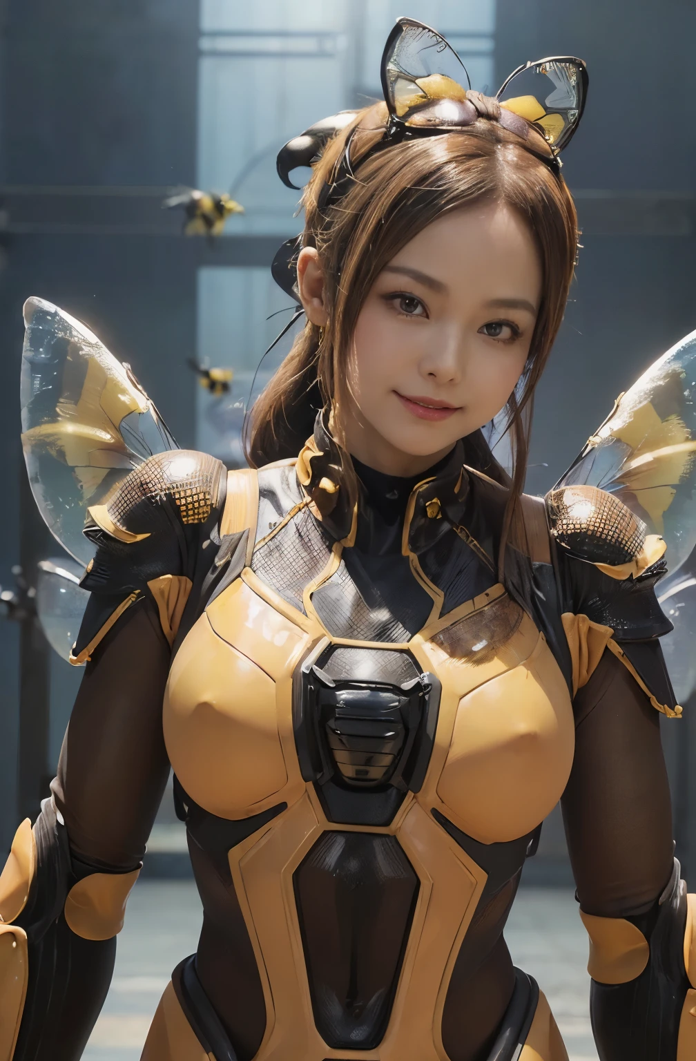 (high resolution,masterpiece,best quality,extremely detailed CG, anime, official art:1.4), realistic, photo, amazing fine details, all intricate, gloss and shiny,awesome many layers, 8k wall paper, 3d, sketch, kawaii, illustration,( solo:1.4), perfect female proportion,villainess, (fusion of queen bee and lady:1.4), (queen bee form lady:1.2), (queen bee lady:1.2), (fusion:1.2), (solo:1.4), (evil smile:1.2), muscular, abs, (queen bee exoskeleton bio insect suit:1.4), (queen bee exoskeleton bio insect armor:1.2), (brown transparency queen bee wing:1.4), (brown queen bee antennae:1.3),