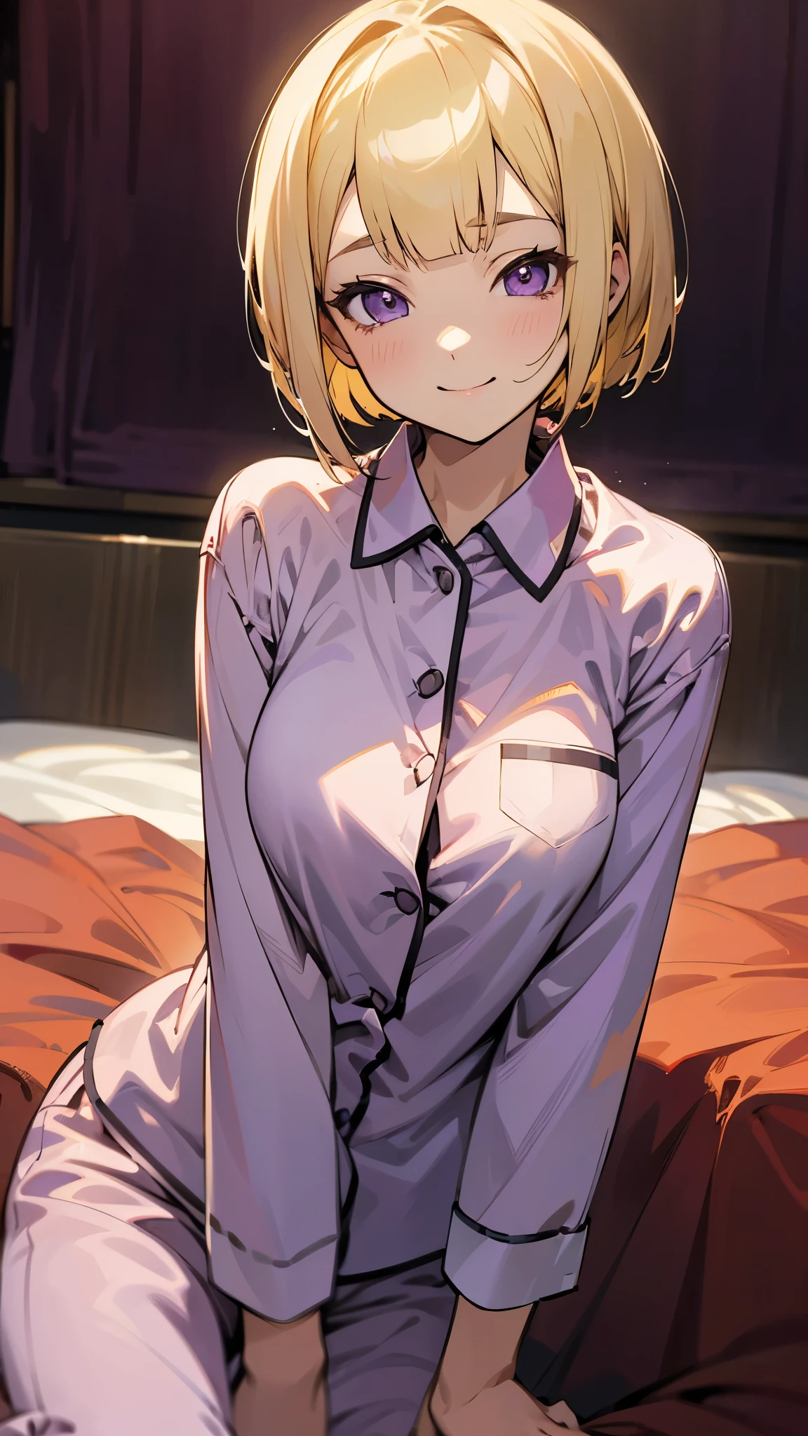 18-year-old girl sitting on bed、alone、Split seat、Anime style painting、Wearing pajamas、(blonde)、short hair、Bobcut、Blunt bangs、Beautiful purple eyes、smile、smile、The soft texture of pajamas、Upper body close-up、Red and black based colors、Background Blur、Depth of the drawn border