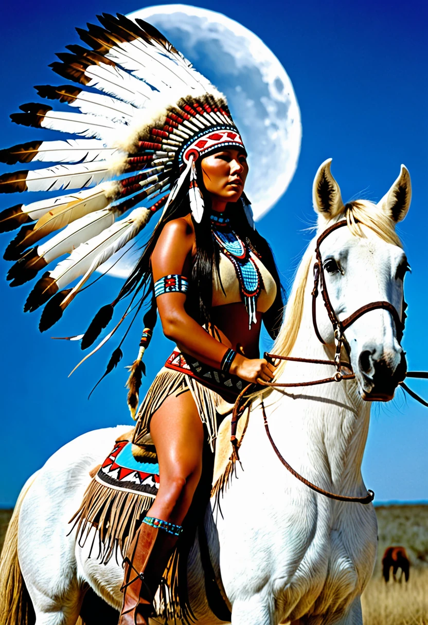 Award-winning photo,A beautiful blonde hair woman wearing a Native American headdress, busty. Native Americans on horseback in the background : Native American Shameon Fantasy, native american photo, Native American, Local art, native american warrior, native american warrior, indian warrior, horse warrior, inspired by George Catlin, Native American folk art, Spirit warrior, inspired by Karl Bodmer, The goddess of the hunt and the moon, aboriginal