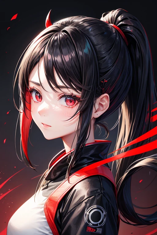 A girl with a ponytail、Part of the face is mechanical。The main colors are black and red