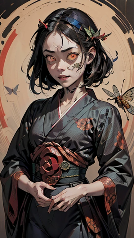 (,(masterpiece), (High resolution), (Very delicate), (masterpiece: 1.2, highest quality),  Japanese painting, whole body,(snap shot), Flat Illustration, Creepy Appearance, Unique atmosphere、A man surrounded by a multitude of insects、Grotesque background、Zombie with glowing eyes behind the girl
